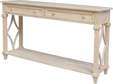 A slender console table crafted from unfinished, light-toned wood. It features a long rectangular top surface, three shallow drawers with simple round knob pulls, and a full-length lower shelf for additional storage or display. The table stands on four turned legs, which are connected by decorative, openwork X-shaped supports on the sides, adding a traditional or transitional design element. — 3D model