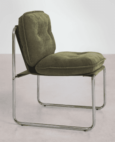 An armless cantilever chair featuring a shiny chrome tubular steel frame and plush, olive green upholstered seat and back cushions. The cushions are individual, with the backrest displaying two button tufts. — 3D model