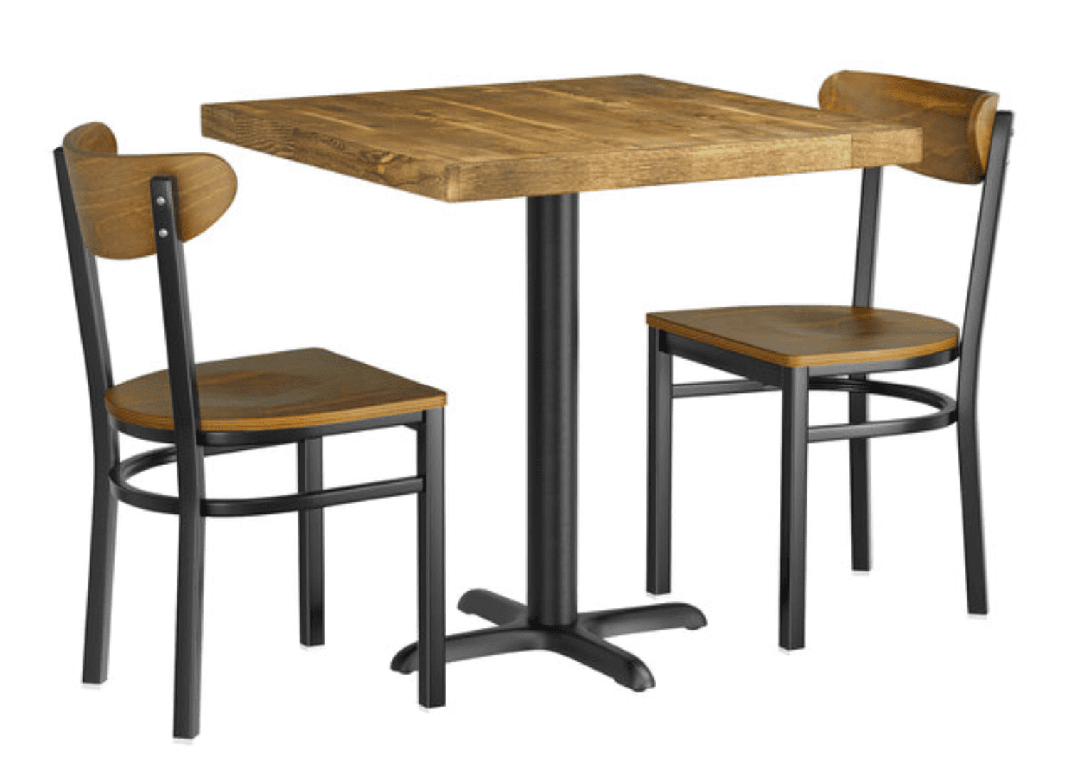 A square-top table featuring a rustic-looking solid wood surface supported by a central black metal pedestal base with a four-pronged foot. — 3D model