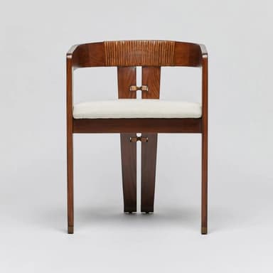 A refined Art Deco style armchair crafted from dark wood, featuring a curved barrel-style back with reeded inner detailing. The chair has a square upholstered seat in a light, neutral fabric, and exposed joinery elements on the back legs. It stands on four straight legs. — 3D model