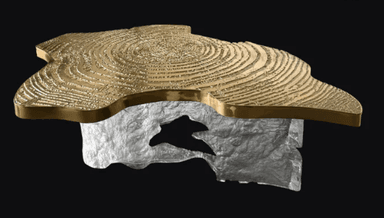 A striking coffee table featuring an irregular, organic-shaped tabletop made of polished golden brass, adorned with a detailed concentric ring pattern. The base is crafted from a chunky, translucent material, likely clear resin or acrylic, sculpted into an abstract, ice-like form, creating a visually compelling contrast with the metallic top. The table exhibits a low profile. — 3D model