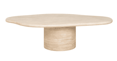 A low-profile coffee table crafted entirely from light beige travertine, featuring an organically shaped, irregular tabletop resting on a sturdy cylindrical pedestal base. The stone exhibits natural veining and a smooth, matte finish, with soft, rounded edges throughout. — 3D model