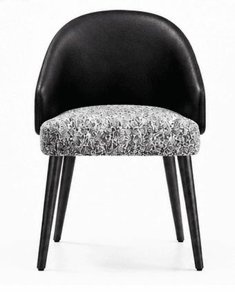 A contemporary upholstered armchair featuring a black, smoothly curved backrest and integrated armrests. The seat cushion is upholstered in a contrasting white and gray patterned fabric. The chair is supported by four dark, tapered wooden legs, lending it a sleek and modern appearance. — 3D model
