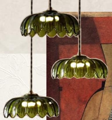 A contemporary pendant light featuring a dark green, frosted glass shade with a distinct fluted or scalloped design. The shade is suspended by a twisted black textile cord, which connects to a circular brass fixture at the top of the glass. The design appears modern with a touch of classic elegance. — 3D model