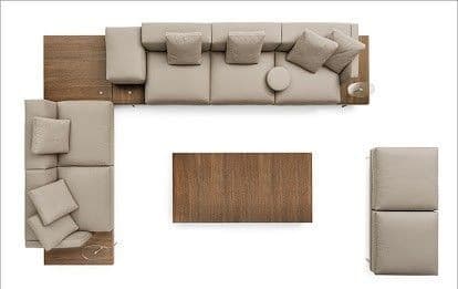 A large, contemporary modular sectional sofa arrangement in a light beige/grey upholstery, featuring integrated dark wood surfaces acting as side tables. The configuration includes multiple seating modules forming an L-shape, accompanied by a separate rectangular wooden coffee table and two additional square upholstered modules, likely ottomans or single seats. The overall aesthetic is clean, minimalist, and functional. — 3D model