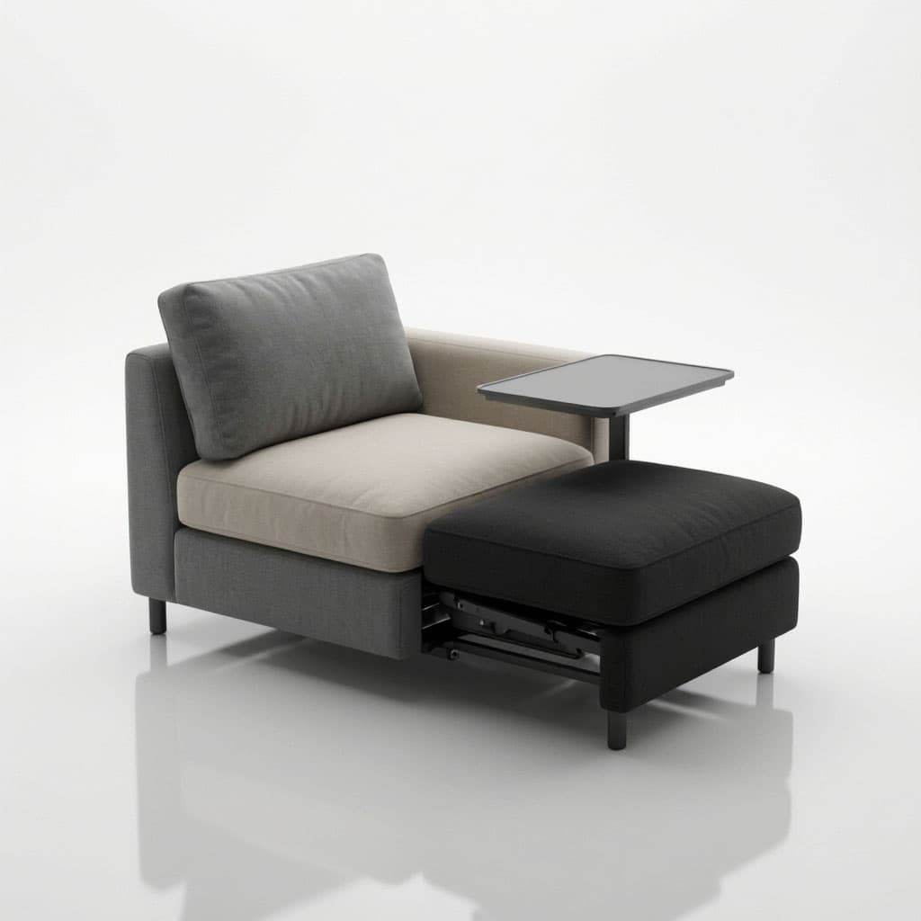 A contemporary armchair featuring a multi-tone upholstered design with integrated functional elements. The main body is upholstered in dark grey fabric, with a light beige seat cushion and a medium grey back cushion. An integrated, retractable ottoman, upholstered in black, extends from the front. A dark-surfaced swivel table is attached to the right side of the chair. The chair stands on minimalist cylindrical metal legs. — 3D model