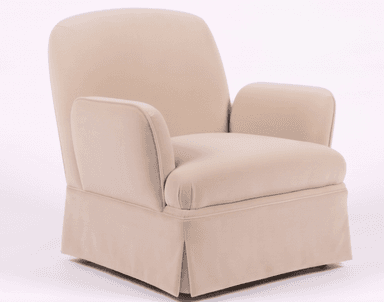 A fully upholstered swivel armchair in a light cream or off-white fabric, featuring a skirted base that conceals the swivel mechanism. The chair has a plush, rounded backrest, soft, slightly rolled armrests, and a deep seat cushion. The overall design is transitional, emphasizing comfort and a clean aesthetic. — 3D model