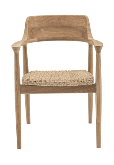 A wooden armchair with a woven seat and a curved backrest. The armchair features a solid wood frame with gently tapered legs and armrests. The seat is a woven rush or natural fiber material, providing a textural contrast to the smooth wood. — 3D model