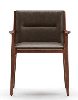 A modern armchair featuring a solid wood frame and upholstered seat and backrest. The wood has a dark brown finish, and the upholstery is a complementary dark brown or taupe material, likely leather or faux leather. The chair has a clean, minimalist design with integrated armrests and slightly tapered legs. — 3D model