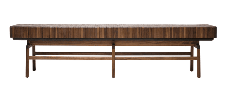 A long, rectangular bench with a distinctive top made of numerous vertical wood slats arranged closely together, creating a textured surface. The bench is supported by a frame of thicker wooden legs and horizontal crossbars, with a darker band visible between the top and the frame. The overall aesthetic suggests a modern design with organic influences. — 3D model