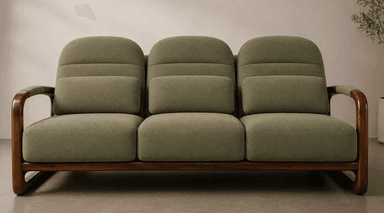 A three-seater sofa featuring a distinctive exposed bentwood frame and upholstered cushions. The sofa includes three individual seat cushions, three segmented back cushions, and two bolster-style armrest cushions, all upholstered in a muted olive green fabric. The dark brown bentwood frame forms a continuous loop for the arms and legs, providing a modern and minimalist aesthetic. — 3D model