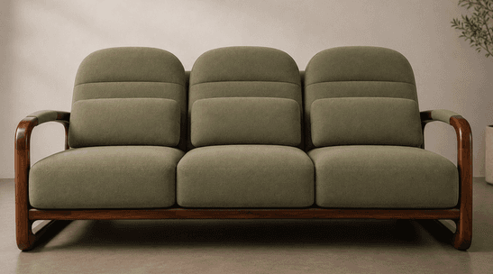 A three-seater sofa featuring a distinctive exposed bentwood frame and upholstered cushions. The sofa includes three individual seat cushions, three segmented back cushions, and two bolster-style armrest cushions, all upholstered in a muted olive green fabric. The dark brown bentwood frame forms a continuous loop for the arms and legs, providing a modern and minimalist aesthetic. — 3D model