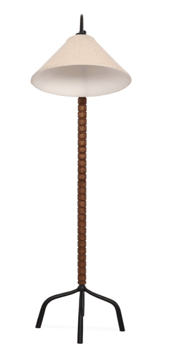 A contemporary floor lamp featuring a light-colored conical fabric shade suspended from a curved black metal arm. The lamp's vertical standard is composed of numerous stacked, dark brown wooden beads, culminating in a three-legged black metal tripod base. — 3D model
