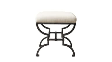 A rectangular upholstered bench featuring a dark, ornate wrought iron frame with an antique finish and a light-colored fabric seat. — 3D model