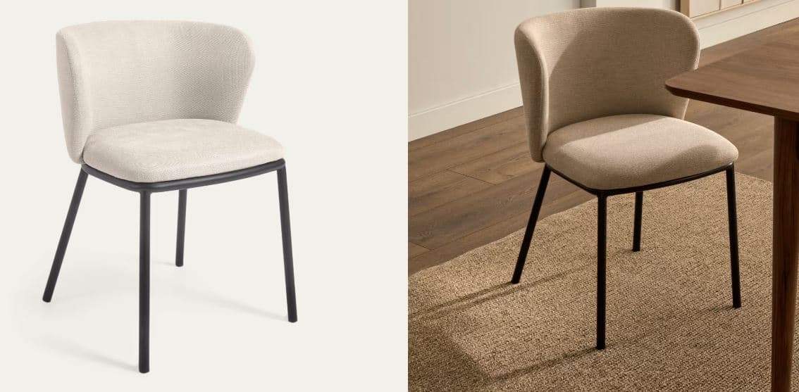 An off-white upholstered dining chair featuring a contemporary design. The chair has a curved backrest that seamlessly integrates into subtle armrests, all covered in a textured, light-colored fabric. It is supported by a slender black metal frame with four tapered legs, providing a minimalist and sturdy base. The design emphasizes comfort and clean lines, suitable for modern interior settings. — 3D model
