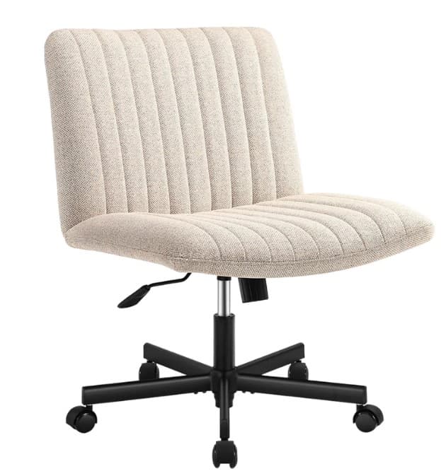 An armless office chair featuring channel tufting on both its backrest and seat, upholstered in a light beige, textured fabric. The chair is designed with a contoured seat and back for comfort, and it sits atop a black metal five-star base equipped with swivel functionality and smooth-rolling casters for mobility. A lever is visible under the seat for height adjustment. — 3D model
