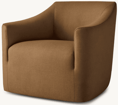 A contemporary upholstered armchair, characterized by its continuous, gently curved backrest and integrated armrests, presented in a solid brown fabric. — 3D model