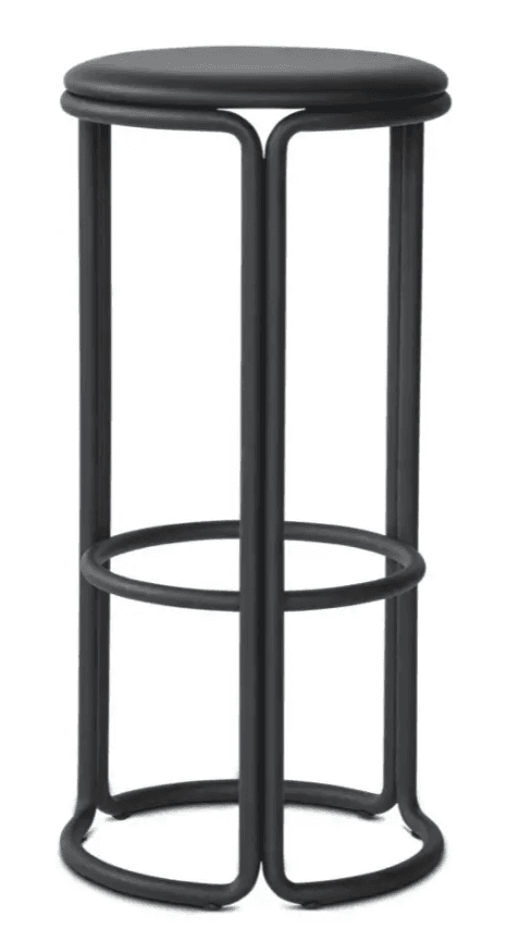 A modern bar stool featuring a round, padded seat atop a continuous tubular metal frame that forms the legs and an integrated circular footrest, all finished in matte black. — 3D model