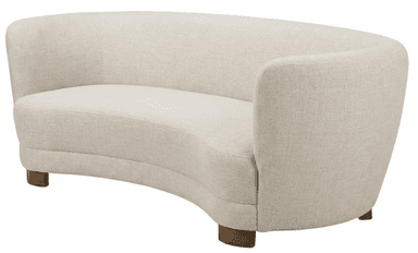 A contemporary curved sofa, upholstered in a light, neutral fabric, featuring a seamless design and low wooden feet. Its crescent shape is designed for social interaction. — 3D model