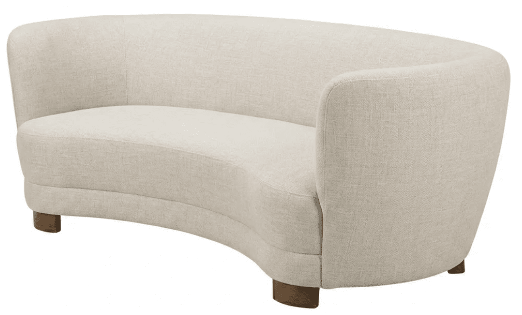 A contemporary curved sofa, upholstered in a light, neutral fabric, featuring a seamless design and low wooden feet. Its crescent shape is designed for social interaction. — 3D model