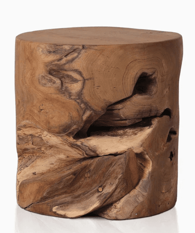 A cylindrical stool crafted from a single piece of natural wood, possibly a tree stump. The surface features organic, undulating textures and natural voids, showcasing the wood's grain and knots. The top surface is flat and finished, while the sides retain a rough, sculpted appearance. Its design emphasizes the raw beauty of the wood. — 3D model