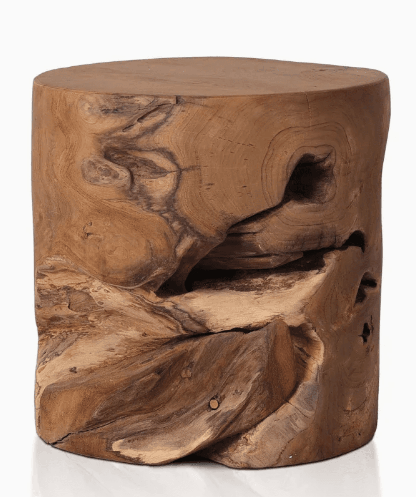 A cylindrical stool crafted from a single piece of natural wood, possibly a tree stump. The surface features organic, undulating textures and natural voids, showcasing the wood's grain and knots. The top surface is flat and finished, while the sides retain a rough, sculpted appearance. Its design emphasizes the raw beauty of the wood. — 3D model