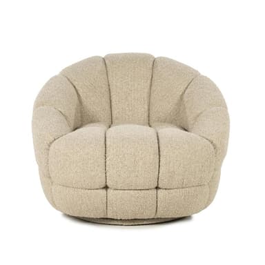 A round, upholstered armchair with a distinctive segmented design. The cushioning is deep and appears plush, creating a rounded, organic form. The upholstery has a textured, boucle-like appearance and is a neutral beige color. The chair seems to be low to the ground and has a substantial, enveloping feel. — 3D model