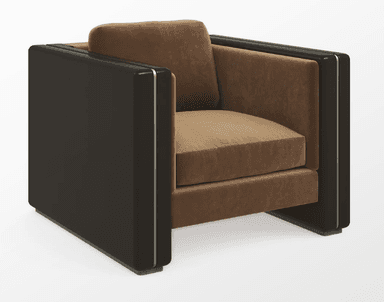 A single-seat, fully upholstered armchair featuring a distinct Art Deco or Streamlined Modern design. The chair has a boxy silhouette with plush, deep brown velvet upholstery on the seat, backrest, and inner armrests. The outer frame, including the robust, rectangular arms and base, is constructed from a dark, possibly lacquered or high-gloss wood, accented with slender metallic inlays on the vertical planes of the arms. — 3D model