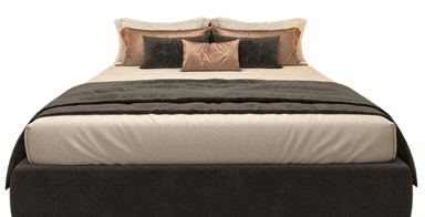 A modern platform bed featuring a low-profile upholstered frame in a dark color, complete with a mattress and a neutral-toned bedding set including pillows and a throw blanket. — 3D model