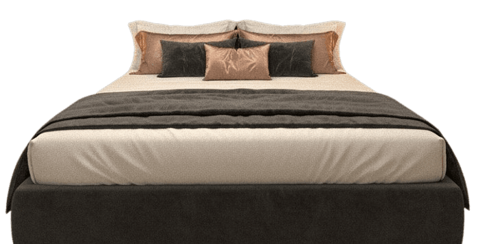 A modern platform bed featuring a low-profile upholstered frame in a dark color, complete with a mattress and a neutral-toned bedding set including pillows and a throw blanket. — 3D model