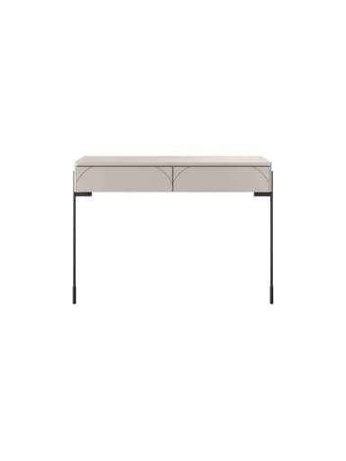 A contemporary minimalist console desk featuring a light beige top and two integrated drawers, supported by slender dark metal legs. The drawer fronts are adorned with subtle semicircular carved detailing, creating an integrated handle effect. The design is sleek and modern, suitable for various interior styles. — 3D model