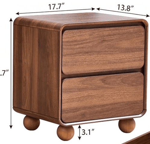 A compact, modern nightstand or side cabinet crafted from wood with a walnut finish. It features smoothly rounded corners on its main body and two flush-fitting, handle-less drawers. The piece stands on four distinctive spherical wooden feet, elevating the main structure. Dimensions provided indicate a width of 17.7 inches, a depth of 13.8 inches, and the feet adding 3.1 inches to the height. — 3D model
