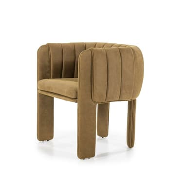 A modern armchair with a rounded back and seat, upholstered in a textured fabric. The backrest features vertical channel tufting, creating a series of indentations. The chair has four block-like legs, also upholstered in the same fabric, positioned at the corners of the seat. — 3D model