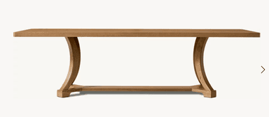 A contemporary dining table made from light-toned wood, likely oak, featuring a rectangular tabletop supported by two distinct arched pedestal bases. Each arched support is connected by a horizontal stretcher at the bottom, creating a sturdy and visually appealing structure. — 3D model
