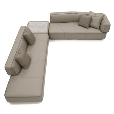 A contemporary sectional sofa with a chaise lounge. The sofa features a light beige or cream-colored upholstery with subtle stitching details creating a segmented appearance on the seating and back cushions. It includes two accent throw pillows in a similar neutral tone. A section of the sofa incorporates a light-colored, possibly marble or stone, tabletop integrated into its structure. The sofa is presented on a black background. — 3D model