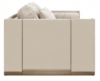 This is a two-seater sofa featuring a contemporary design. It has two large seat cushions and three matching back cushions, along with three smaller square throw pillows, all upholstered in a light beige or cream textured fabric with an irregular, organic pattern. The arms are wide, rectangular, and also upholstered, with a slightly recessed top edge. The base is a solid plinth-style, also upholstered in a plain lighter beige, with a thin gold or brass-toned metallic trim running along the bottom edge. — 3D model