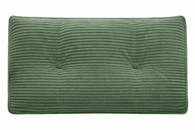 A rectangular green corduroy cushion, featuring a tufted surface on its top face and piped edges. The fabric has distinct vertical ribs characteristic of corduroy. The cushion appears plush and well-filled, suggesting comfort and durability. — 3D model