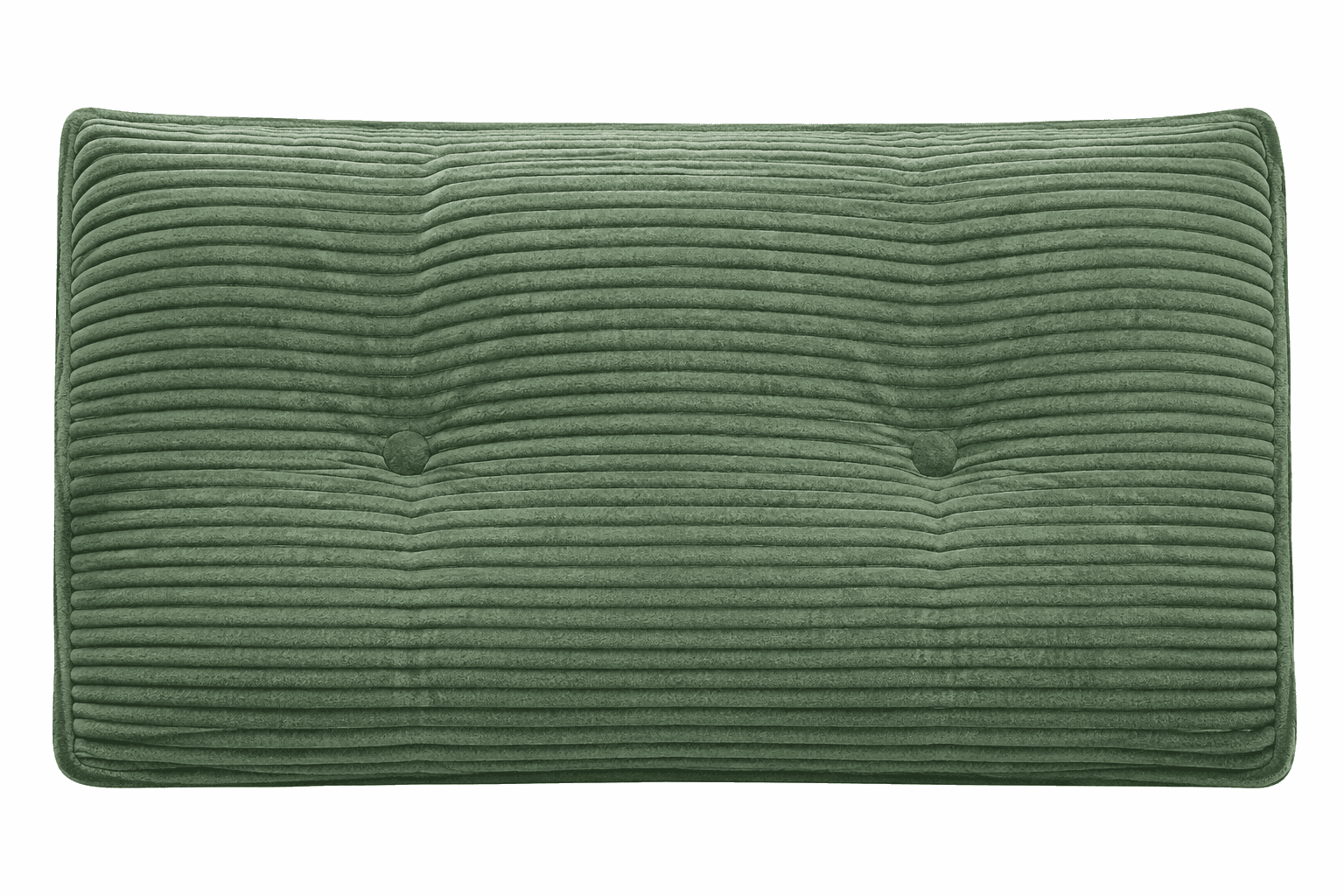 A rectangular green corduroy cushion, featuring a tufted surface on its top face and piped edges. The fabric has distinct vertical ribs characteristic of corduroy. The cushion appears plush and well-filled, suggesting comfort and durability. — 3D model