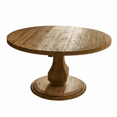 A round dining table with a pedestal base. The tabletop is constructed from multiple wooden planks joined together, exhibiting a rustic texture with visible grain patterns and knots. The pedestal base has a substantial, carved appearance, tapering from a wide circular foot to a narrower column supporting the tabletop. The overall aesthetic suggests a rustic or farmhouse style. — 3D model