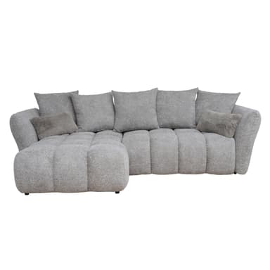 An L-shaped modern sectional sofa upholstered in a light grey, textured fabric. It features a chaise lounge on the right side from the viewer's perspective, generous seating cushions with subtle tufting or seaming, and several loose back cushions. The overall design emphasizes comfort with soft, rounded edges and a contemporary aesthetic. — 3D model