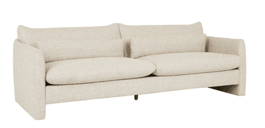 A close-up view of an upholstered sofa section, characterized by its light beige, textured fabric. The image shows a seat cushion, a plush back cushion, and a low, wide armrest, suggesting a comfortable and modern design. The fabric has a subtle woven pattern, giving it depth and visual interest. — 3D model