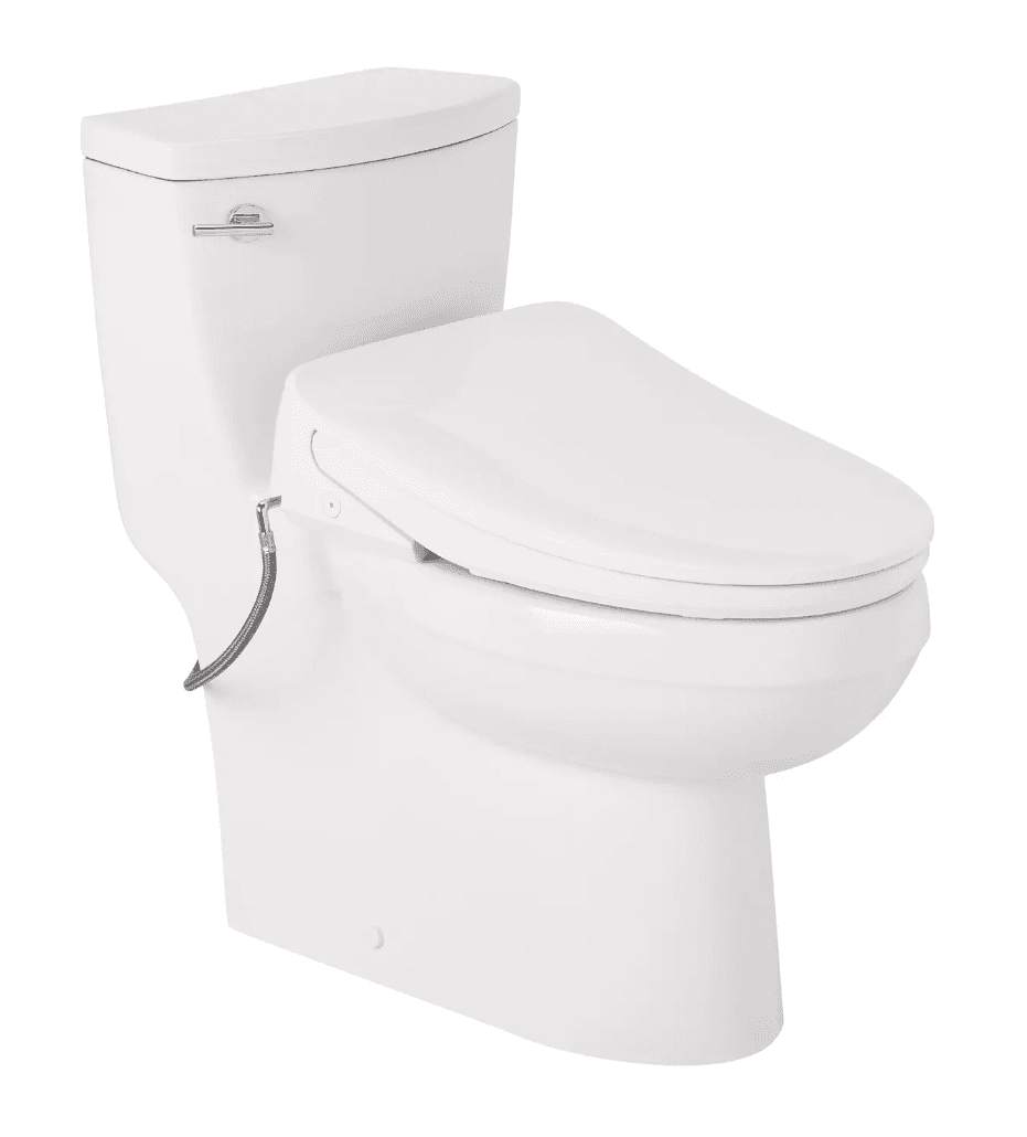 A modern, white, two-piece toilet with an integrated bidet seat. The toilet features a sleek, tank-style cistern and a bowl with a rounded shape. A flexible hose connected to the side of the cistern suggests a water supply for the bidet function. The lid and seat are integrated, indicating a bidet functionality. — 3D model