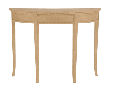 A contemporary demilune console table featuring a semi-circular top and a matching apron, all meticulously covered in natural grasscloth. It stands on four slender, gently tapered legs, with the two outer legs exhibiting a subtle curve towards the base. The light-colored, textured finish gives the piece an organic and refined appearance, suitable for various interior styles. — 3D model