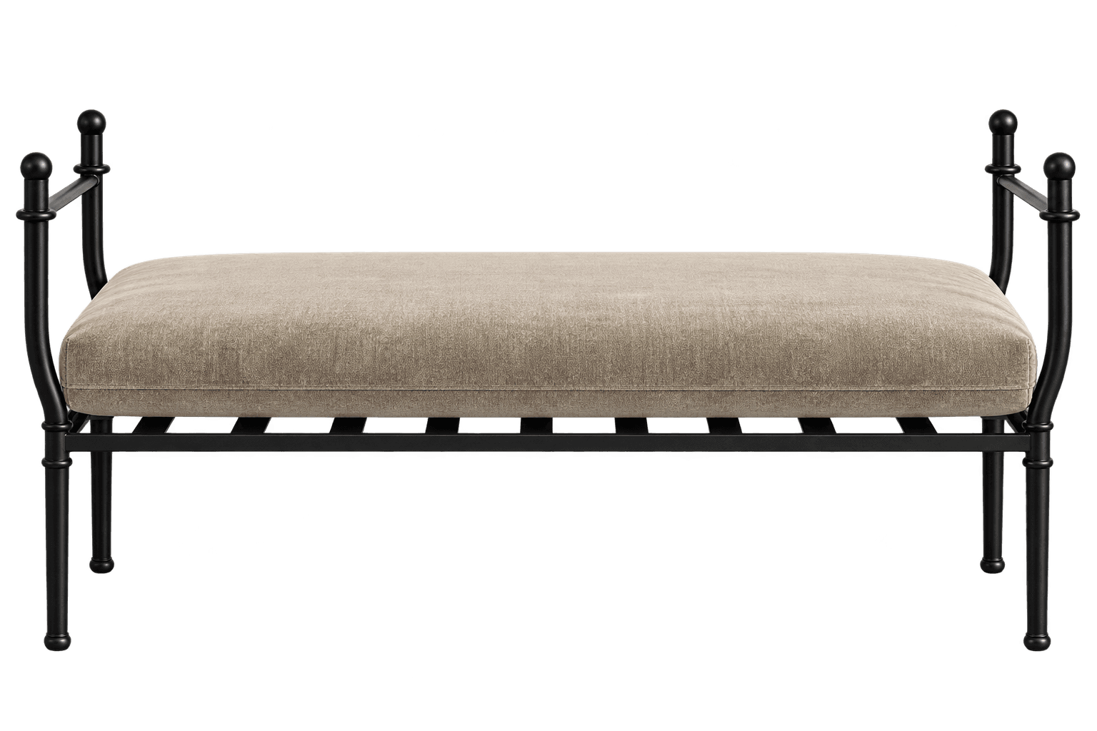 A rectangular bench featuring a robust black metal frame with decorative finials and a thick, beige fabric-upholstered cushion. The cushion rests on a slatted metal base within the frame. — 3D model