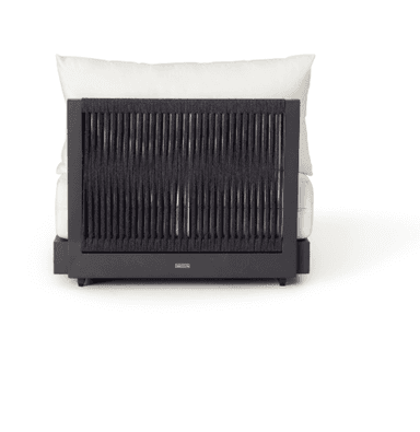 An outdoor modular armless chair unit featuring a dark gray powder-coated metal frame and a woven rope backrest in a matching dark gray color. The unit includes a thick, off-white upholstered seat cushion and a large, plush back cushion. The woven rope detail on the backrest provides a contemporary texture. The base is simple and low-profile, suitable for outdoor lounge arrangements. — 3D model