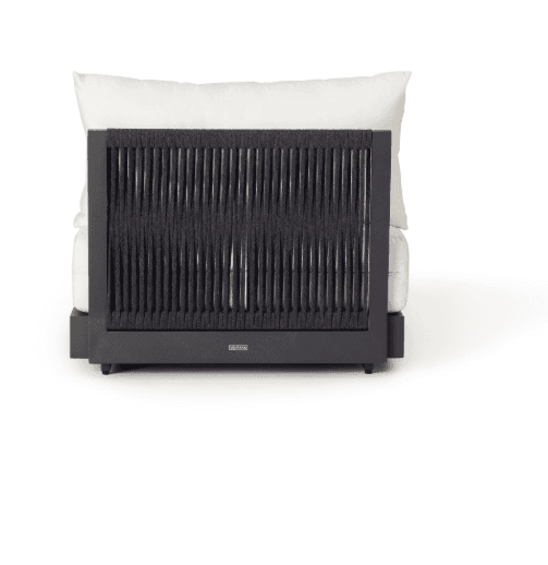An outdoor modular armless chair unit featuring a dark gray powder-coated metal frame and a woven rope backrest in a matching dark gray color. The unit includes a thick, off-white upholstered seat cushion and a large, plush back cushion. The woven rope detail on the backrest provides a contemporary texture. The base is simple and low-profile, suitable for outdoor lounge arrangements. — 3D model