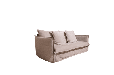 A contemporary beige sofa with a plush, textured fabric upholstery. The sofa features a relaxed design with two square back cushions and a loosely draped skirt that reaches the floor. It has wide, rolled armrests and appears to be designed for comfort. The overall aesthetic is minimalist and inviting. — 3D model