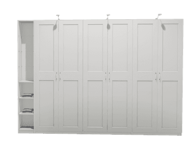 A large, white modular storage system consisting of multiple double-door wardrobe units and an open shelving section, featuring Shaker-style doors, sleek silver-toned handles, and integrated lighting on the top surface. — 3D model