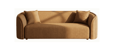 A modern, asymmetrical sofa or daybed upholstered in a textured beige fabric, featuring a continuous curved wooden frame that acts as a partial backrest and armrest, tapering off on one side. It includes two matching throw pillows. — 3D model