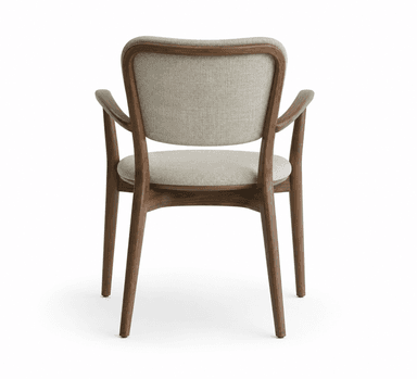 A contemporary wooden armchair with an upholstered seat and backrest, featuring a warm-toned wooden frame and light-colored fabric. — 3D model